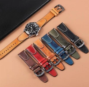 Retro Stitched Genuine Leather Watch Strap 18/20mm 22mm Vintage Replacement Band - Picture 1 of 23