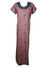 Boho Women's Pink Maxi Caftan Dress Printed Nightgown Housedress Sleepwear L 