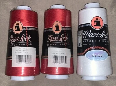 Lot Maxi Lock Serger Thread 3000 Yards Each Polyester 2 Artillery Red 1 White - Image 1 of 3