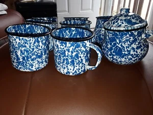 SPECKLED BLUE ENAMELWARE ( 6 CUPS & A PITCHER AND COVERED CONTAINER) - Picture 1 of 8
