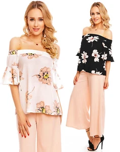 Damen Top Bluse Schulterfrei Oberteile Blumenmuster Shirt Carmen Kurzarm C2799 - Bild 1 von 24