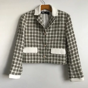 Zara Crop Jacket Small Womens Check Gray Houndstooth Boxy Career Preppy - Picture 1 of 8
