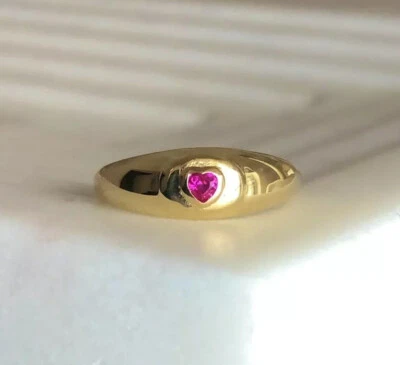 Dainty Ruby Heart CZ Stone Signet Ring | 18K Gold Sterling Silver | Size8 - Image 1 of 4