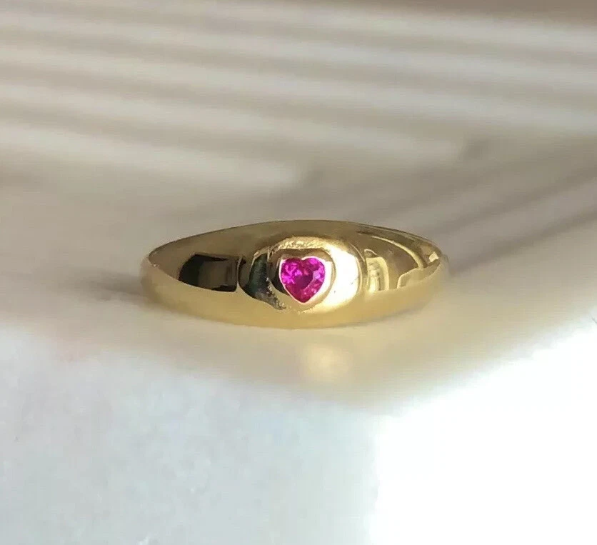 Dainty Ruby Heart CZ Stone Signet Ring | 18K Gold Sterling Silver | Size8 Foto 1 de 1