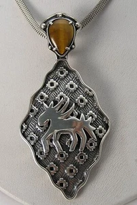 Judy Naranjo Relios Tiger's eye Sterling Spirit Horse Pendant 29" Chain Necklace - Picture 1 of 12