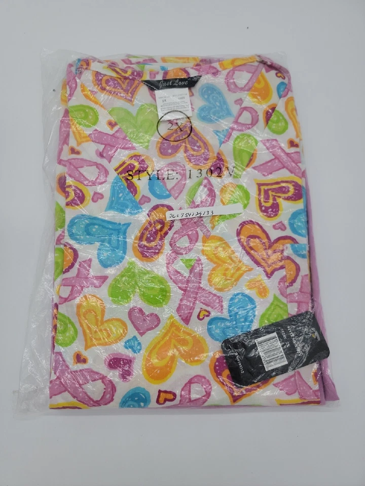 NWT Just Love Scrubs Set Women's Size 2X Pink Breast Cancer Hearts Print V-Neck  - Image 1 of 4