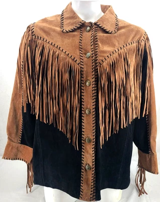 Chaqueta Bob Mackie Marrón Cuero Negro Flecos Cuello Abotonado Para Hombre XL Foto 1 de 4