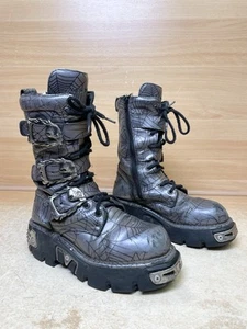 New Rock Reactor Silver & Black Spiderweb Boots Skull Buckle Size Uk 6.5 Woman’s - Picture 1 of 24