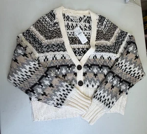 American Eagle Sweater Womens XS Cream Black Fair Isle Cardigan Knit V Neck - Picture 1 of 14