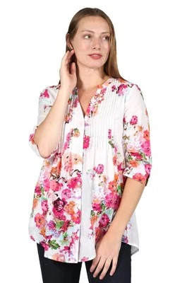 Camisa túnica LA CERA blanca floral talla mediana algodón abotonada pintuck bolsillos laterales Foto 1 de 4
