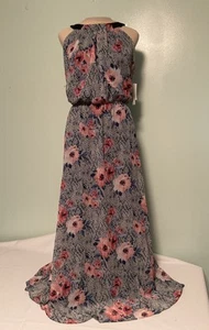 Robbie Bee Long Blue Floral Snake Skin Halter Maxi Dress Sleeveless Size 14 NWT - Picture 1 of 14