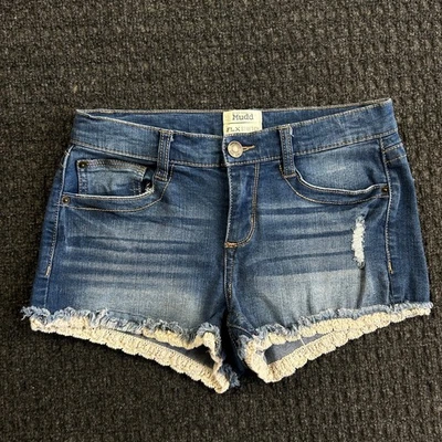 Vintage Mudd FLX Stretch Denim Jean Shorts Booty 9 Doily Lace Distressed y2k - Image 1 of 4