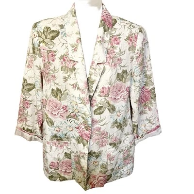 复古 Sag Harbor Blazer 亚麻混纺 10 奶油色花卉粉色绿色玫瑰蓝色女式 — 第 1/4 张图片