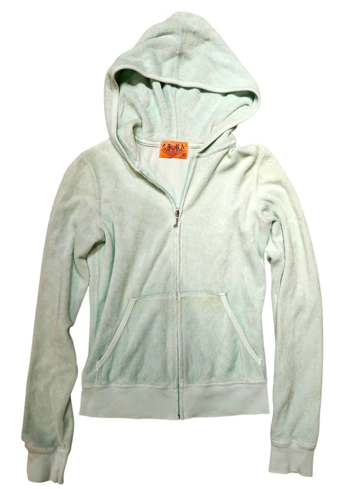 Sudadera con capucha para mujer Y2K Juicy Couture verde azulado costure terciopelo cremallera talla pequeña  Foto 1 de 3