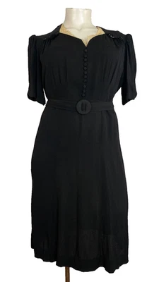 Vintage 1940s black dress XL ivory white rayon short sleeve plus size midi - Image 1 of 4