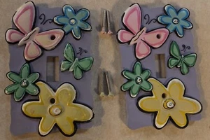 BORDERS UNLIMITED COLORFUL BUTTERFLIES & FLOWERS PAIR OF SWITCHPLATES W/ SCREWS - Picture 1 of 10