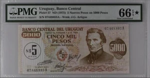 Uruguay, Banco Central, 5 Nuevos Pesos on 5000 Pesos ND (1975) PMG 66☆EPQ Top - Picture 1 of 2