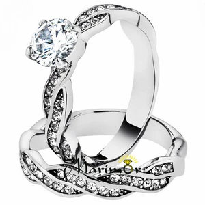 1.78 Ct Round Cut Cz Stainless Steel Twisted Wedding Ring Band Set Women's 5-10 - Picture 1 of 7