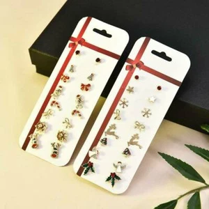 8 Paar Set Weihnachtsbaum Schneemann Hirsch Glocke Weihnachten Ohrstecker Schmuck Gold - Bild 1 von 9