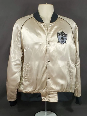 Vintage 1970's USA California Oakland Raiders Silver Satin Bomber Jacket Mens XL Cover