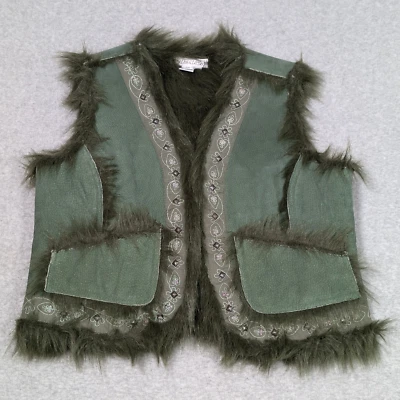 Live A Little Leather Vest Womens Size XL Faux Fur Lined Beaded Boho Nature - Image 1 of 4