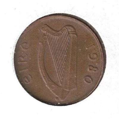 1980 Ireland Circulated One-Penny Harp and Stylized Bird! - Image 1 of 2