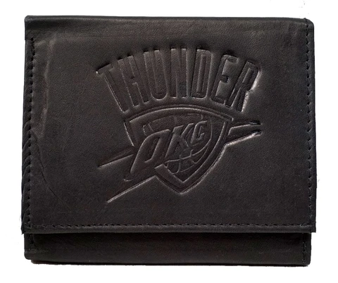 Oklahoma City Thunder Distressed Look Embossed Logo Black Leather Trifold Wallet Cover