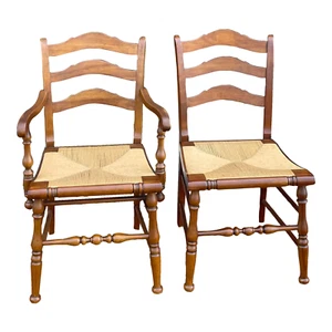 Pair - Thomasville Bay Colony Traditional Cherry Ladder Back Rush Dining Chairs - Picture 1 of 11