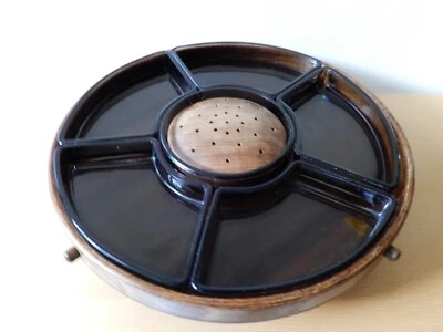 Retro, Rotating Wooden Lazy Suzan Tray with 6 Smoked Glass Dishes & Wood Centre - Image 1 of 4