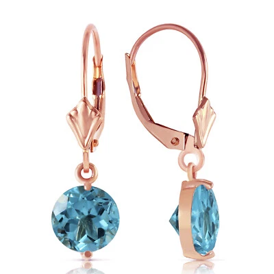 3.1 Carat 14K Solid Rose Gold Round Blue Topaz Leverback Earrings - Image 1 of 4
