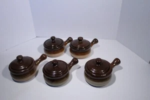 Lot of 5 Vintage Brown Stoneware French Onion Soup Personal Crocks w Lid Handle - Picture 1 of 18