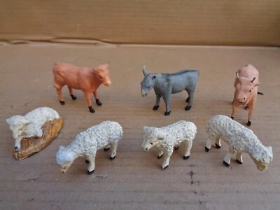 Lot animaux Devineau pour crèche de noël , deux vaches , un âne , et 4 moutons . - Photo 1/4