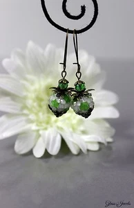 Glass Jewels Bronze Earrings Vintage Pearls Fantasy Green #I006 - Picture 1 of 3