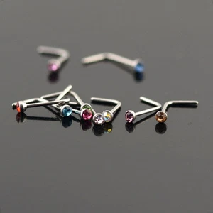 Nose Ring L Shaped Stainless Steel Stud with 2mm Rhinestone  - Picture 1 of 13