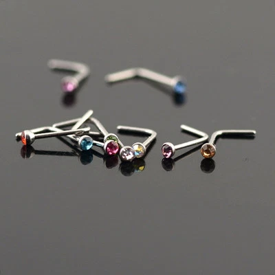 Nose Ring L Shaped Stainless Steel Stud with 2mm Rhinestone  - Image 1 of 3