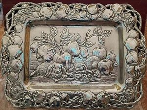 ARTHUR COURT SPRING APPLES & BUNNIES CAST METAL TRAY 19" X 14" 1993 SIGNED BOXED - Picture 1 of 12