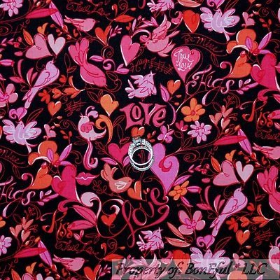 BonEful Fabric FQ Cotton Quilt Black Red Pink Love Bird Heart Music Leaf Flower - Image 1 of 4