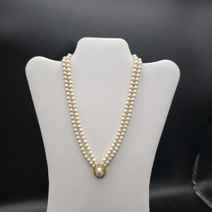 VTG Faux Pearl Double Strand Necklace Gold Tone Rhinestone Oval Center 16" - Picture 1 of 5