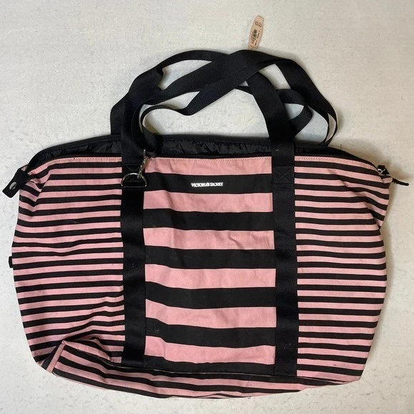 Victoria's Secret Pink Black Striped Duffle Bag Travel Weekend Overnight Bag - Image 1 of 4