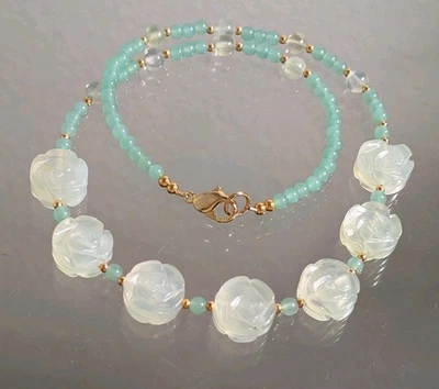 Vintage Handmade Carved Aqua Chalcedony Quartz Necklace  - Image 1 of 4