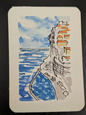 Acuarela y tinta originales ACEO - Cliffside Village by the Sea - Paisaje en miniatura Foto 1 de 2