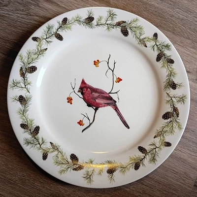 12.5" Sonoma Rojo Cardenal en Invierno Navidad Plato de Servir Conos de Pino Foto 1 de 4