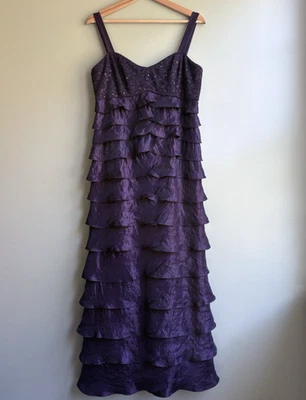 R&M Richards Plum Tiered Ruffle Evening Gown 10 P Beaded Sequins Formal Dress - Image 1 of 4