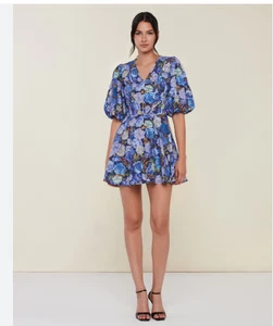 Rachel Parcell Dress Womens Size 18 Blue Floral V-Neck Mini Linen Wedding Guest - Picture 1 of 11