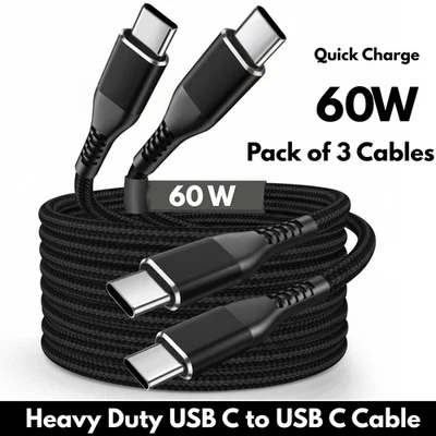 Type C to Type C Cable 3A 60W Fast Charger Braided Long Lead 0.25M 1M 2M 3M - Image 1 of 4