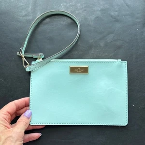 Kate Spade Tiffany Blue Wristlet Wallet Cardholder Gold Zipper Leather Zip Pouch - Picture 1 of 7