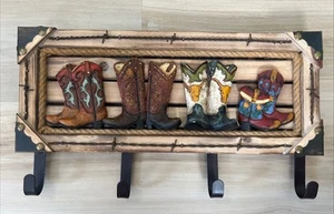 Rustic Cowboy Boot Coat Hat Key Rack BarbWire Wall Decor Hook Plaque Real Wood - Picture 1 of 24