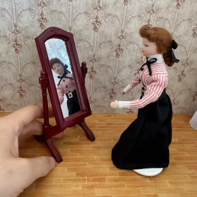 Espejo tocador escala 1/12 casa de muñecas miniaturas muebles vintage madera hecho a mano Foto 1 de 4