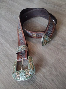 Women's Nocona Size Medium Brown Tooled Leather Belt Rhinestone Studded Conchos - Picture 1 of 10