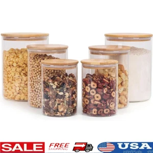 Airtight Glass Storage Containers W/ Bamboo Lids Food Organization Jars Round - Picture 1 of 7